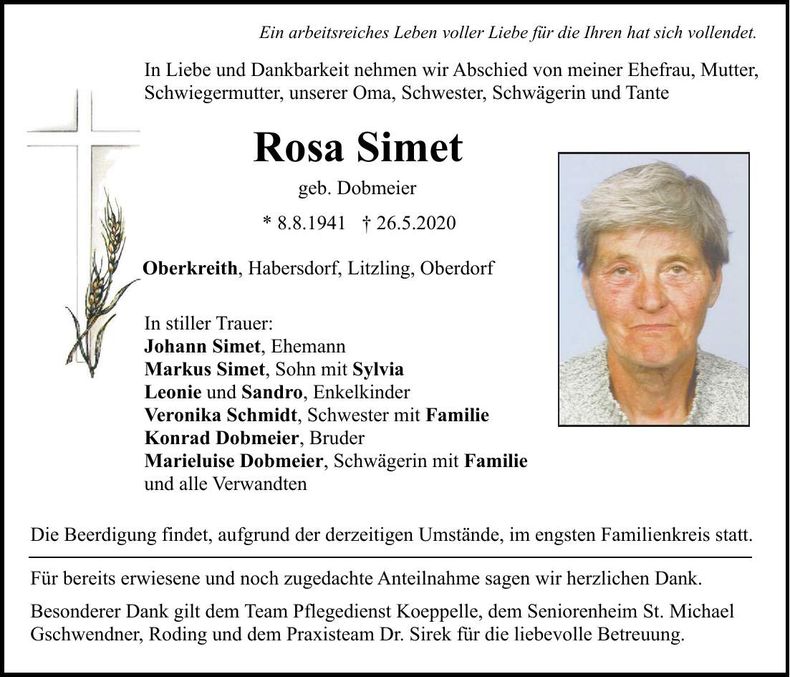 Traueranzeige Rosa Simet