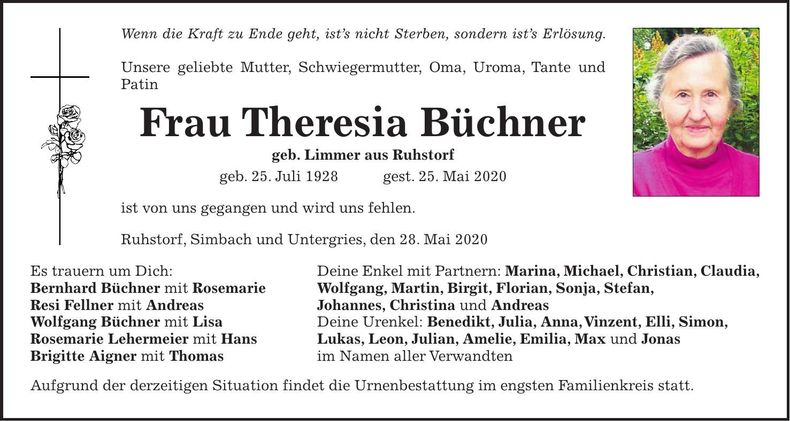 Traueranzeige Theresia Büchner