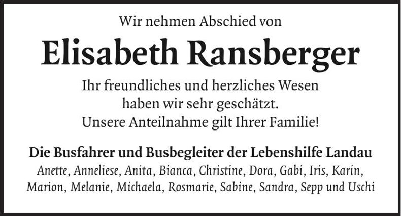 Traueranzeige Elisabeth Ransberger