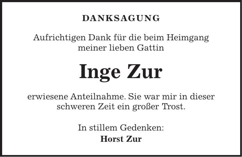 Traueranzeige Inge Zur