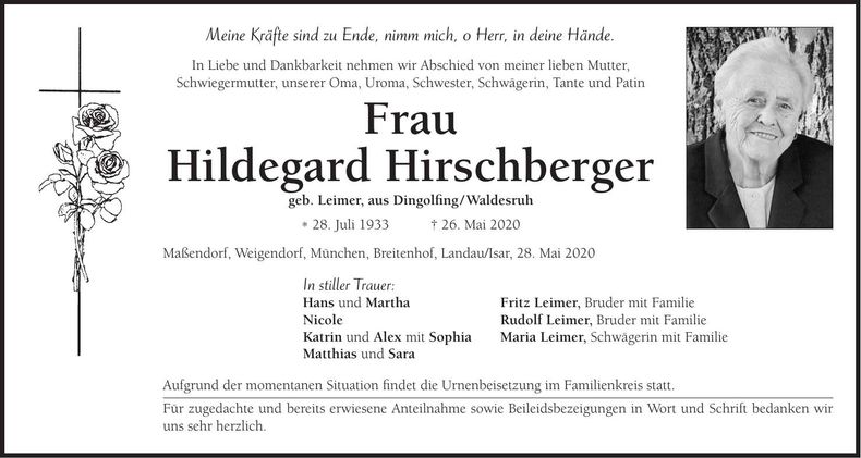 Traueranzeige Hildegard Hirschberger