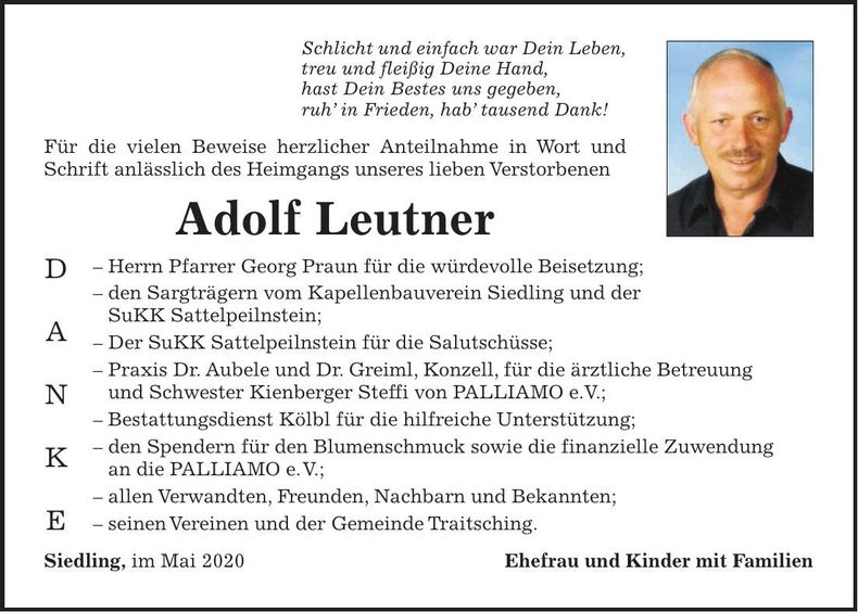 Traueranzeige Adolf Leutner