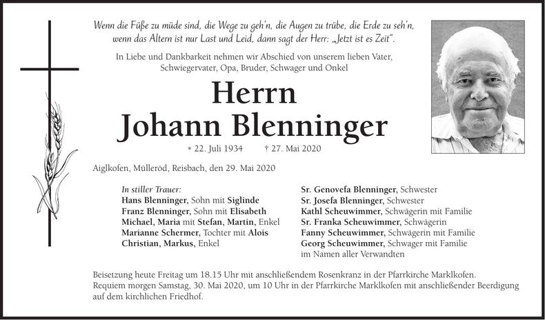 Traueranzeige Johann Blenninge