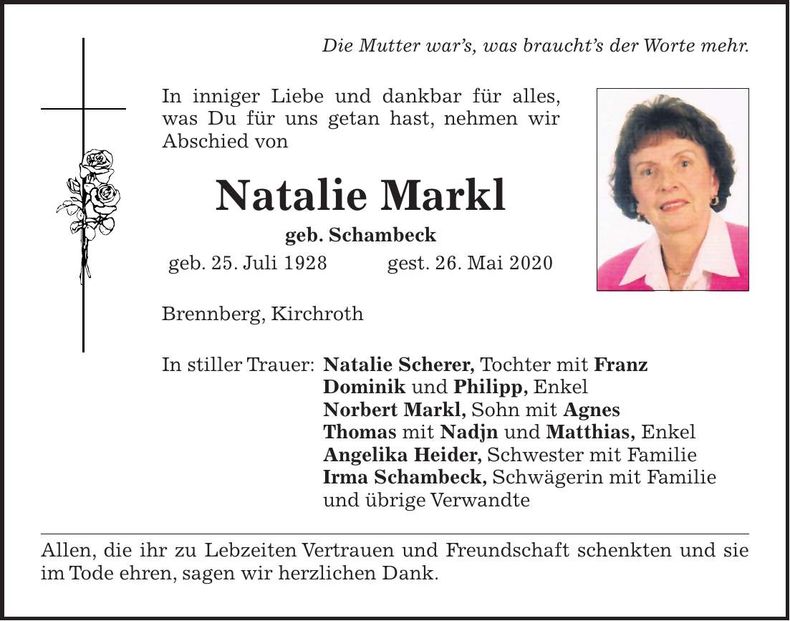 Traueranzeige Natalie Markl