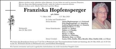 Traueranzeige Franziska Hopfensperger