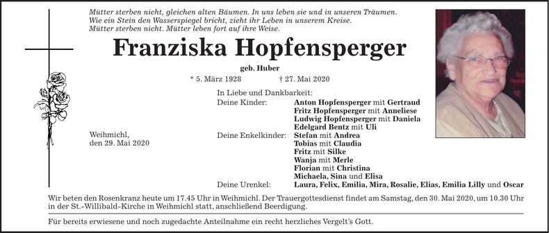 Traueranzeige Franziska Hopfensperger