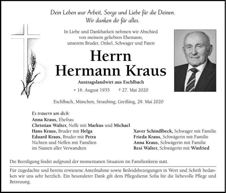 Traueranzeige Hermann Kraus