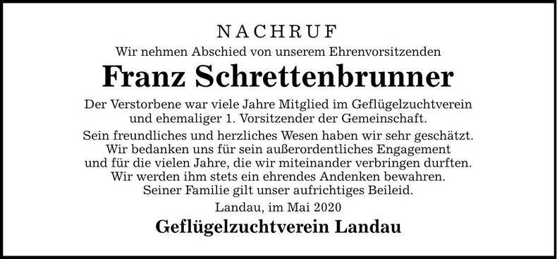 Traueranzeige Franz Schrettenbrunner
