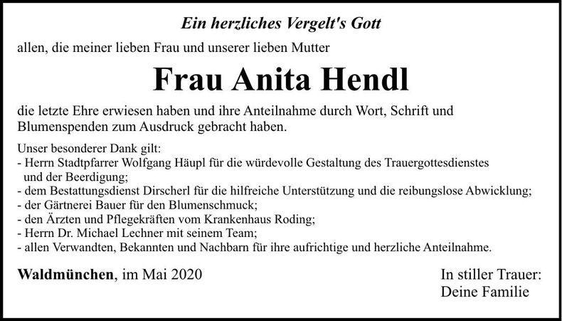 Traueranzeige Anita Hendl