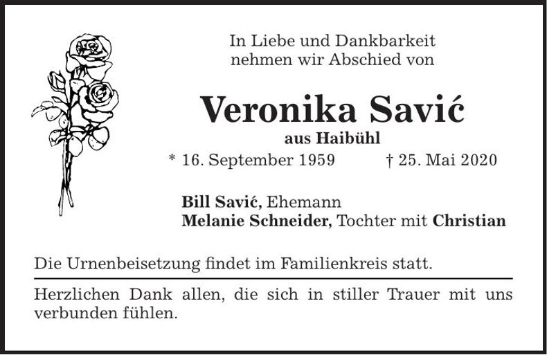 Traueranzeige Veronika Savic