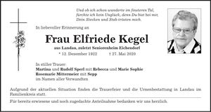 Traueranzeige Elfriede Kegel