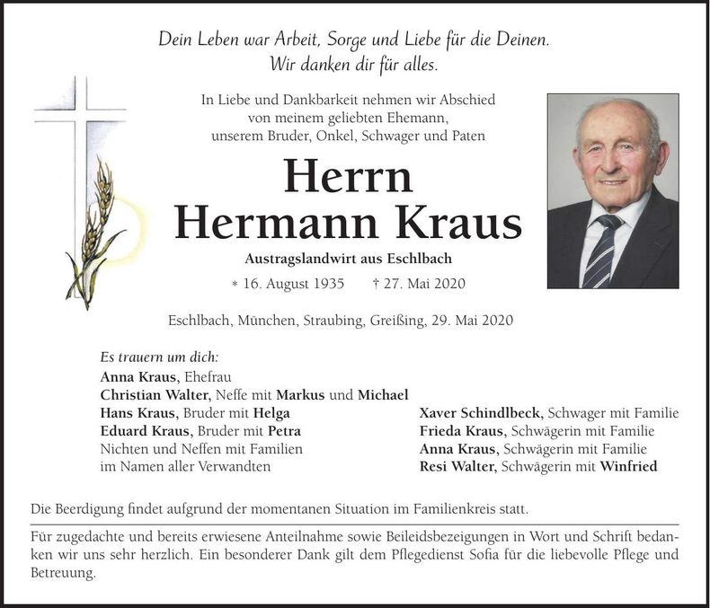 Traueranzeige Hermann Kraus