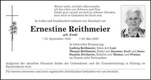 Traueranzeige Ernestine Reithmeier