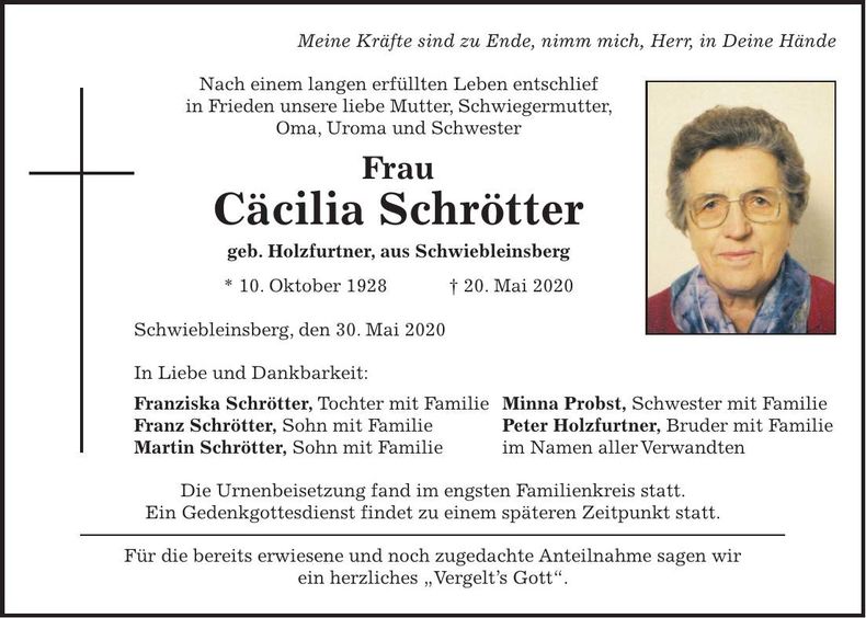 Traueranzeige Cäcilia Schrötter