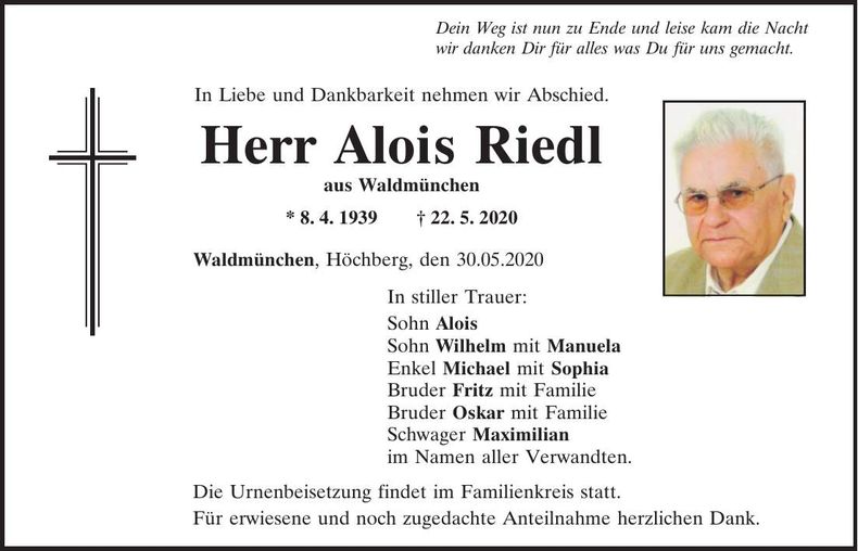 Traueranzeige Alois Riedl