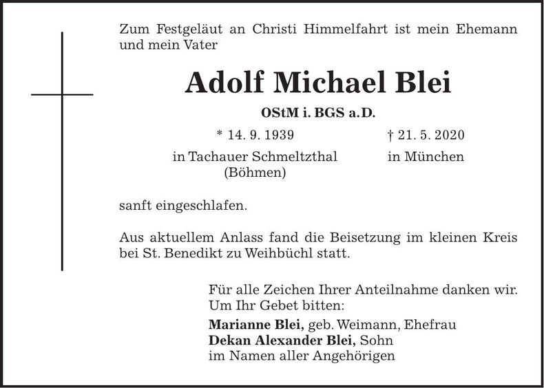 Traueranzeige Adolf Michael Blei
