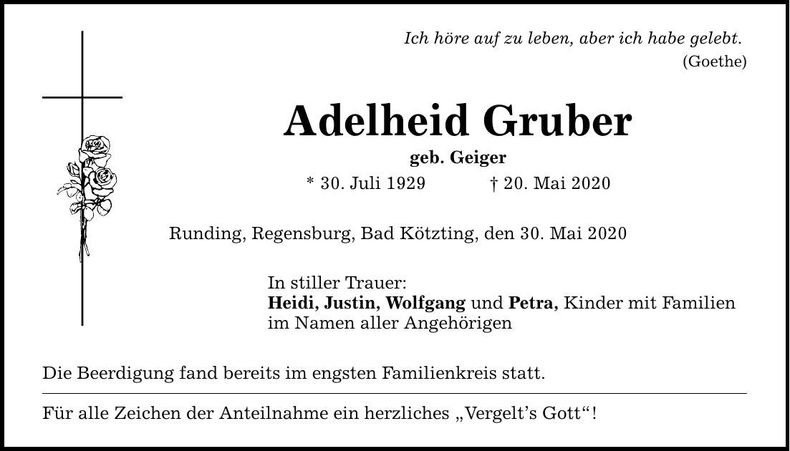 Traueranzeige Adelheid Gruber