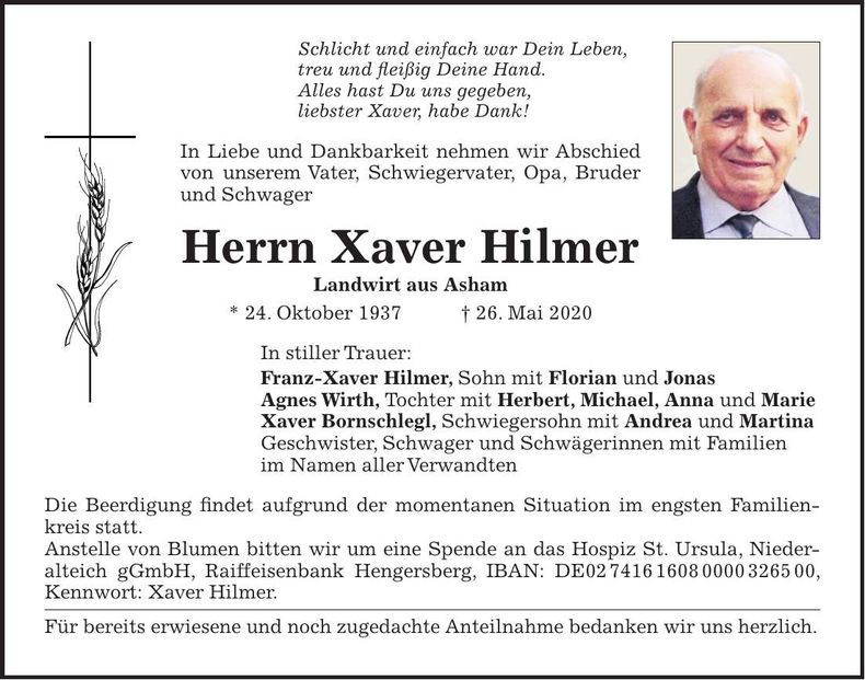 Traueranzeige Xaver Hilmer