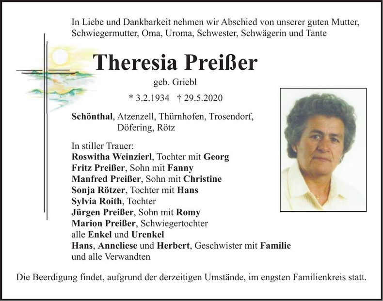 Traueranzeige Theresia Preisser