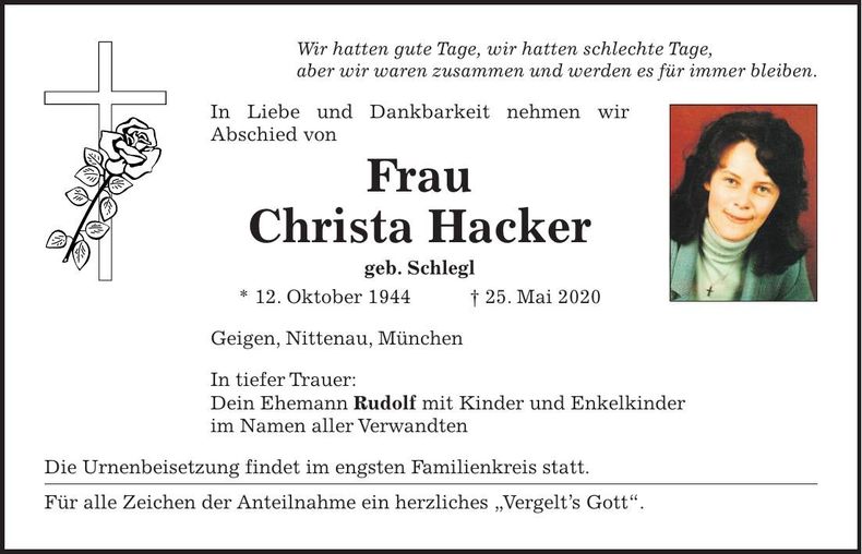 Traueranzeige Christa Hacker