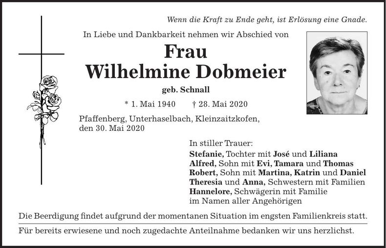 Traueranzeige Wilhelmine Dobmeier