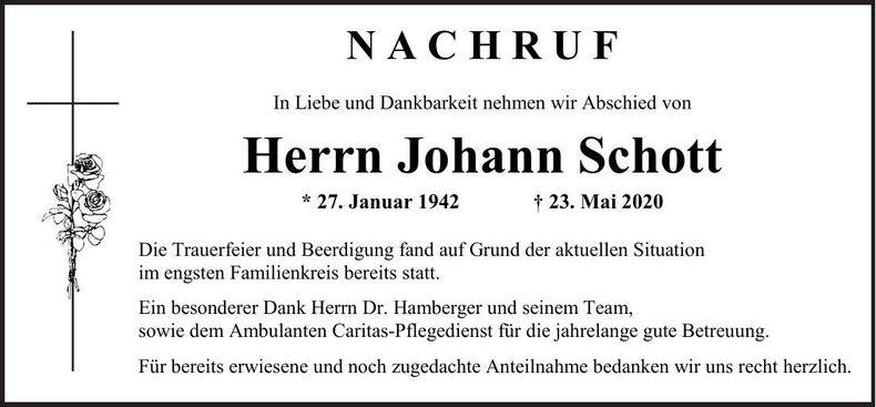 Traueranzeige Johann Schott