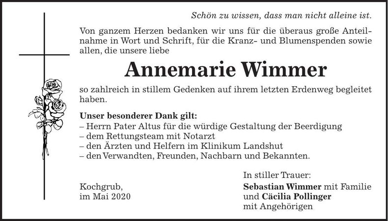 Traueranzeige Annemarie Wimmer