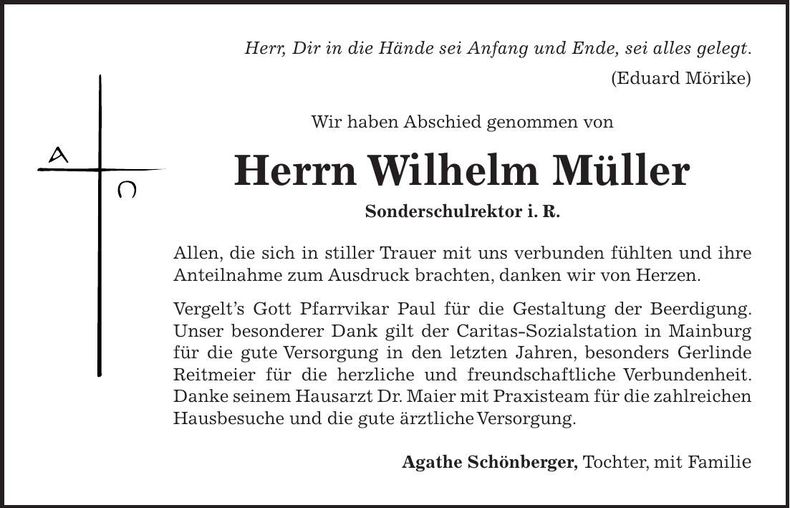 Traueranzeige Wilhelm Müller