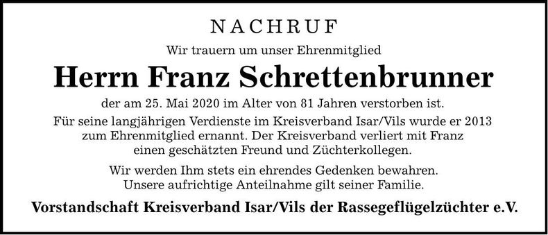Traueranzeige Franz Schrettenbrunner
