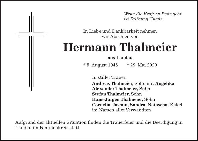 Traueranzeige Hermann Thalmeier