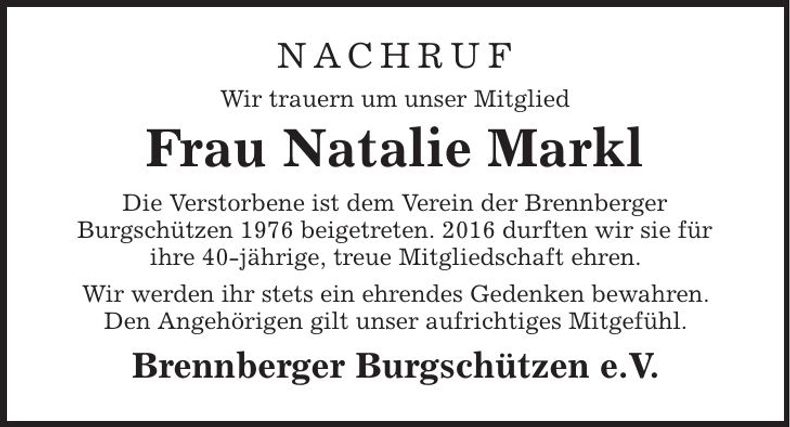 Traueranzeige Natalie Markl