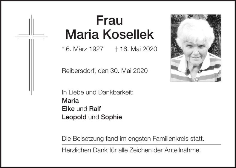 Traueranzeige Maria Kosellek