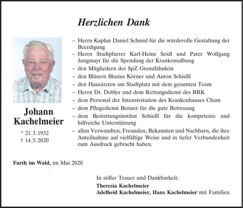 Traueranzeige Johann Kachelmeier