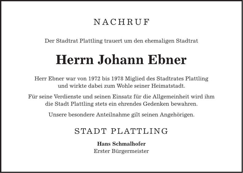Traueranzeige Johann Ebner