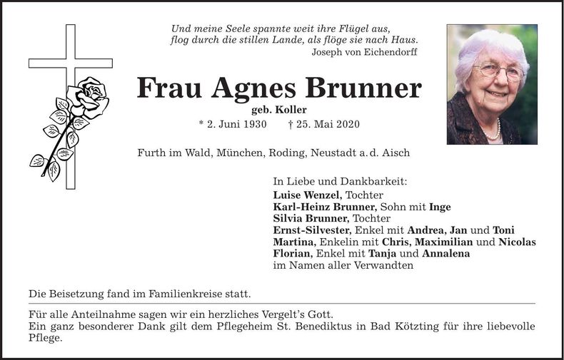 Traueranzeige Agnes Brunner