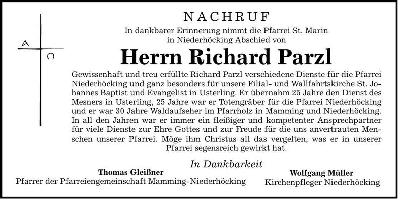 Traueranzeige Richard Parzl