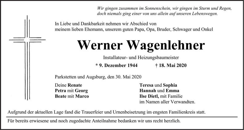 Traueranzeige Werner Wagenlehner