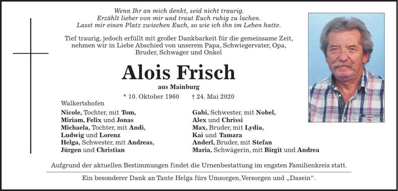 Traueranzeige Alois Frisch