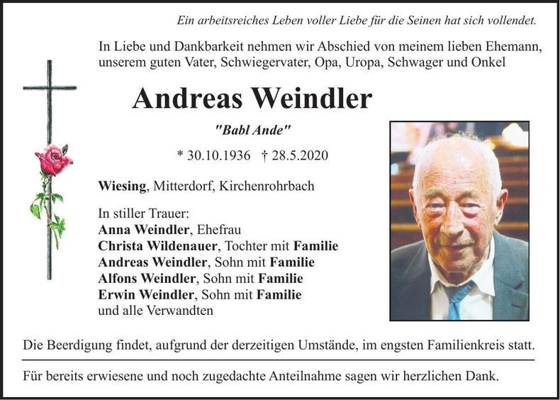 Traueranzeige Andreas Weindler