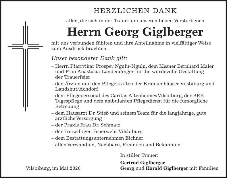Traueranzeige Georg Giglberger