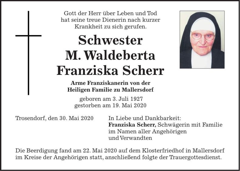 Traueranzeige Waldeberta Franziska Scherr