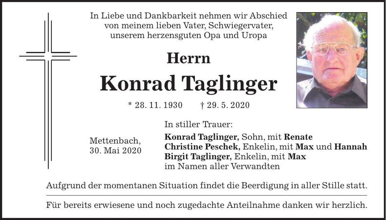 Traueranzeige Konrad Taglinger