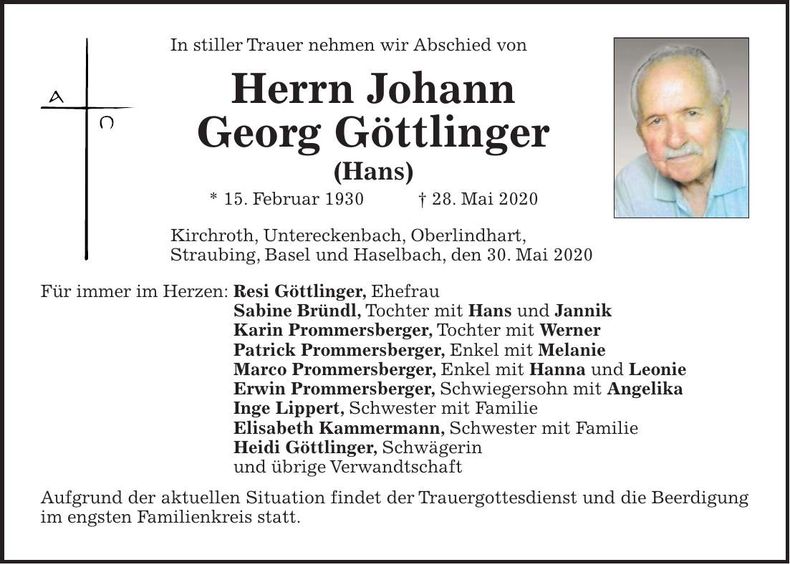 Traueranzeige Johann Georg (Hans) Göttlinger