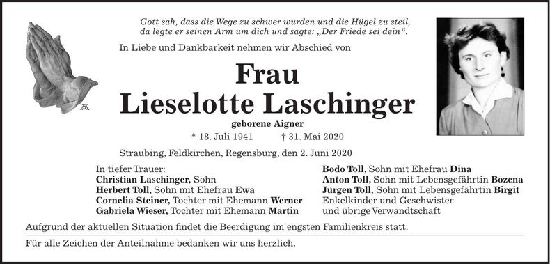 Traueranzeige Lieselotte Laschinger