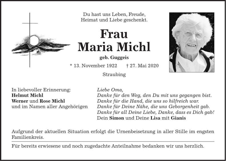 Traueranzeige Maria Michl