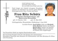 Traueranzeige Rita Schütz