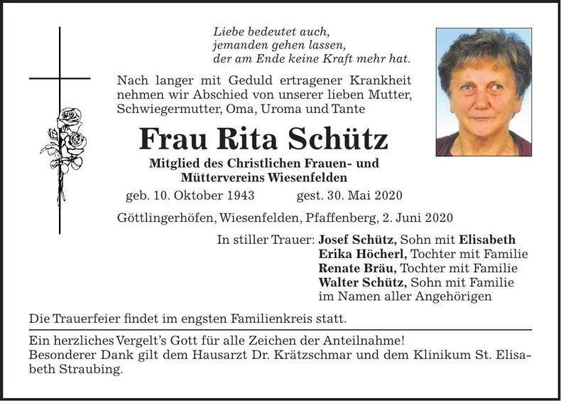 Traueranzeige Rita Schütz