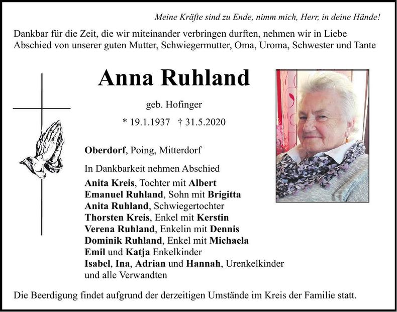 Traueranzeige Anna Ruhland