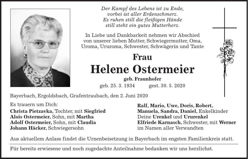 Traueranzeige Helene Ostermeier