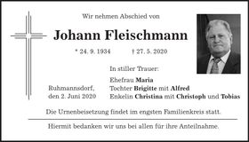 Traueranzeige Johann Fleischmann
